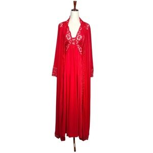 Olga Body Silk Red Lace Nightgown Robe Set Peignoir Glam Lingerie Size M